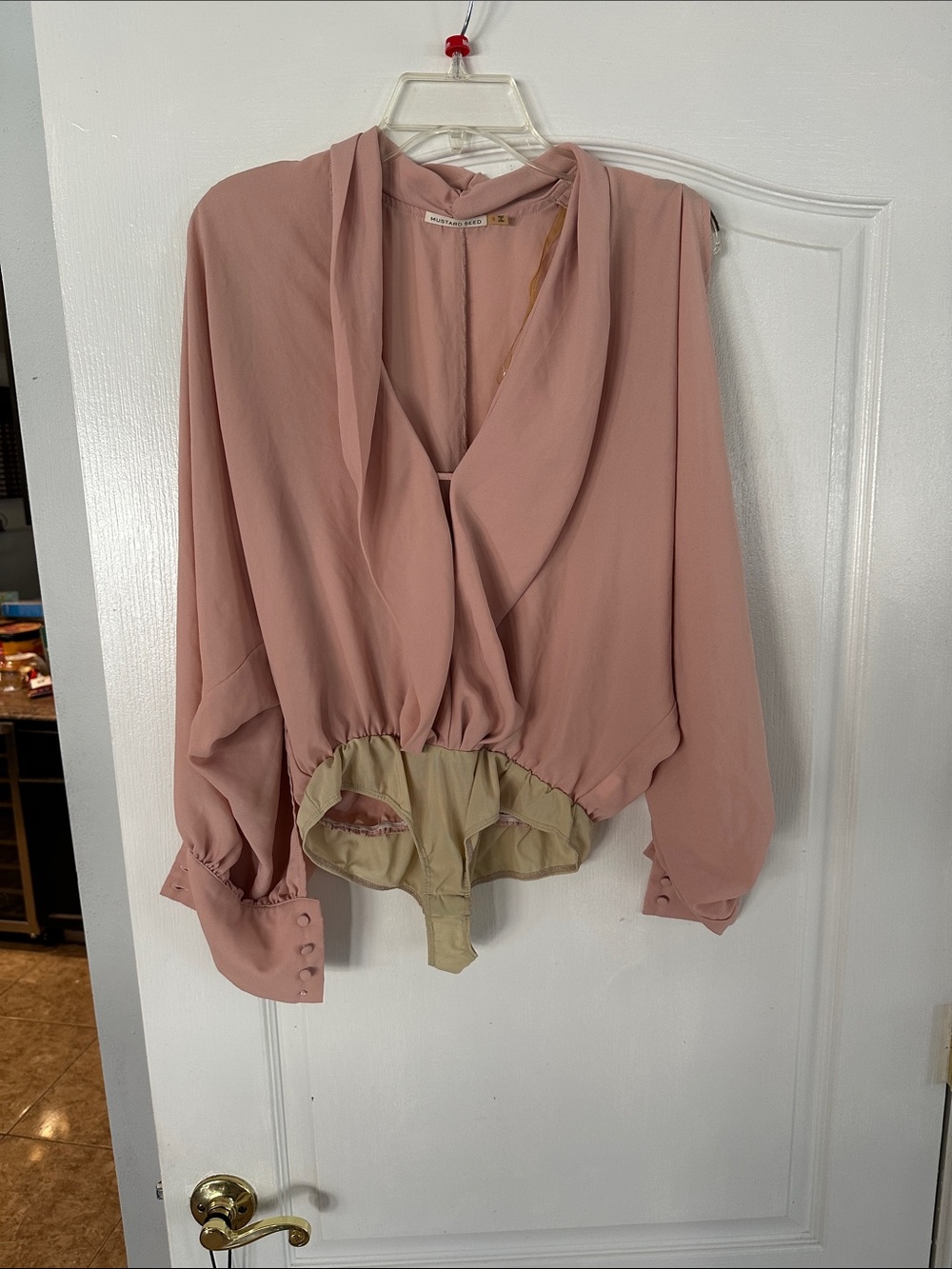 Blush Pink Draped V-Neck Blouse - with slitted sleeves